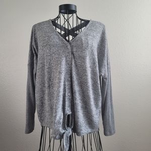 AMP V Neck Criss Cross Back Top Sweatshirt Front Tie Color Gray, Size Large